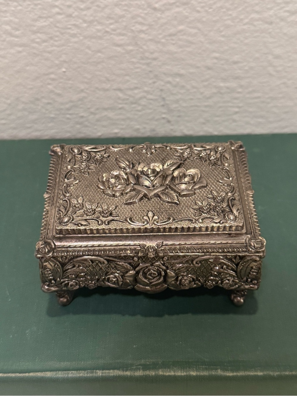 Vintage Ornate Rose Design Silver Plated Footed Victorian Inspired Jewelry Box